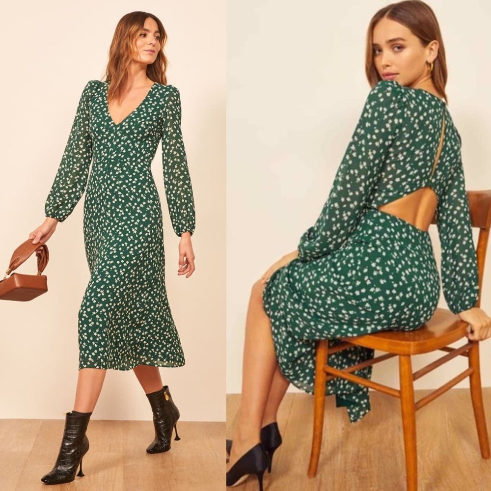 REFORMATION Joy Green Floral LS Midi Dress Size 8 - Picture 9 of 11